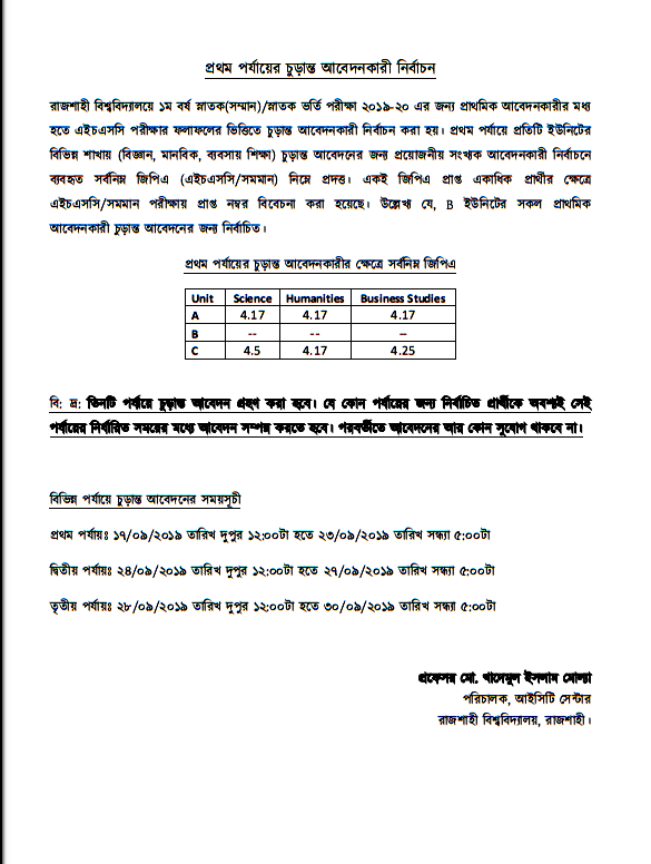 Rajshahi University A Unit Admission Circular 2019