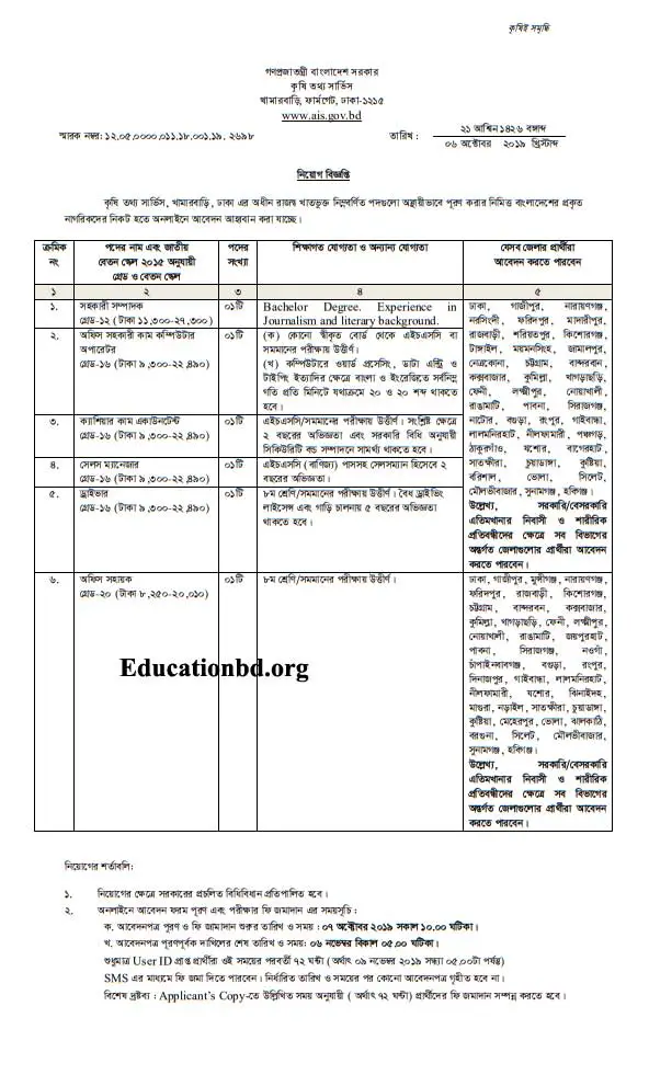 Agricultural Information Service Job Circular 2019